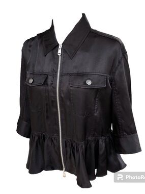 Cinq A Sept Helene Black Peplum Hem Zip Up Short Sleeve Jacket Women’s Size XS